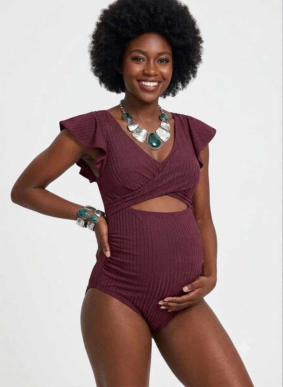 Charmo Maternity Ribbed One Piece Swimsuit, Burgandy, Medium